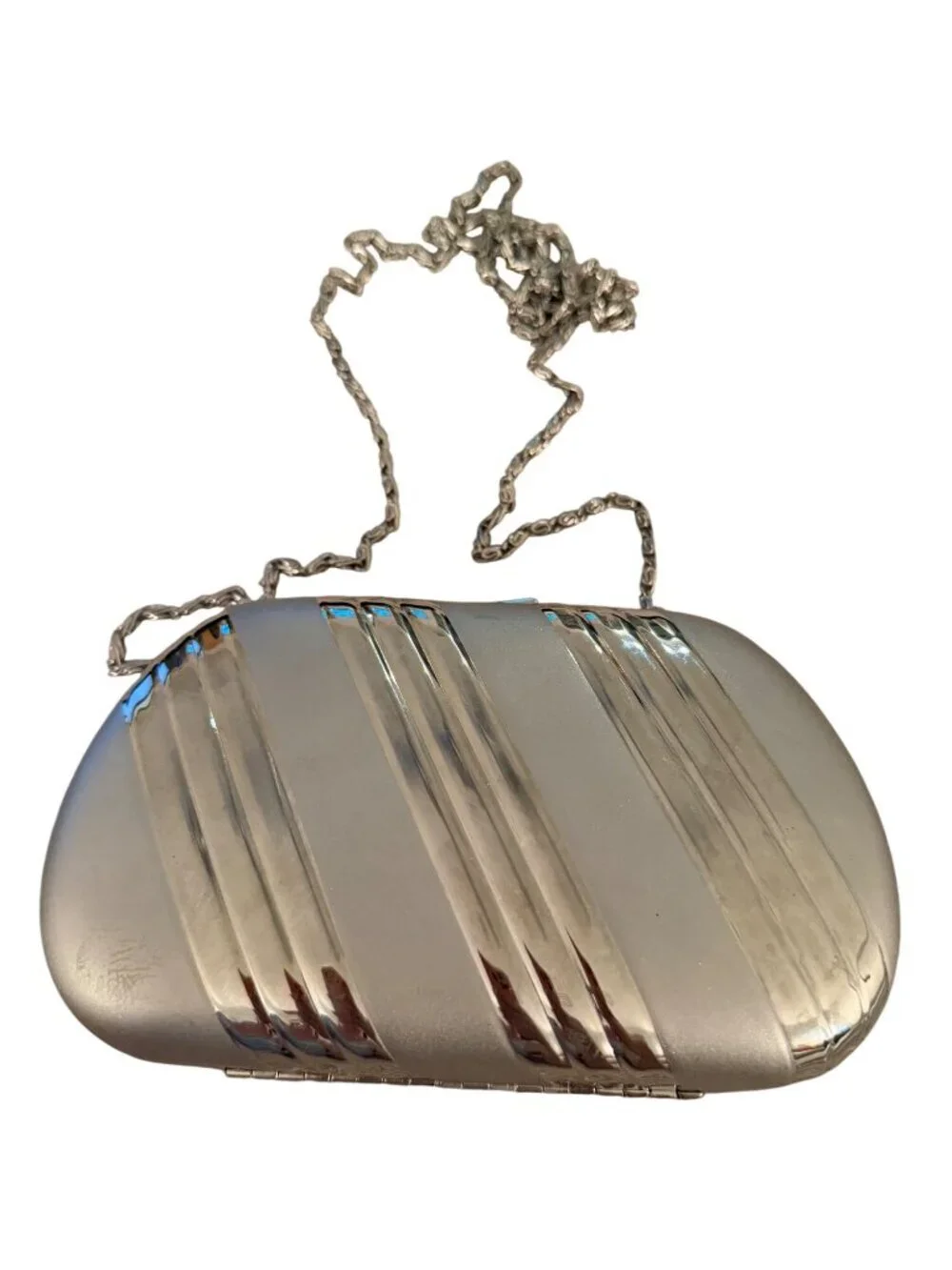 Vintage Womens Ribbed Silver-toned Metal Clutch Bag Snap Detachable Chain Strap